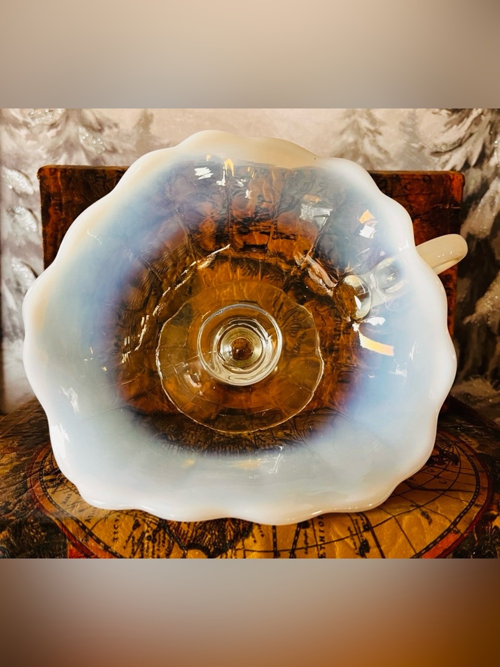 Antique Opalescent Glass Handled Nappy Dish Ruffled Pedestal Northwood Style